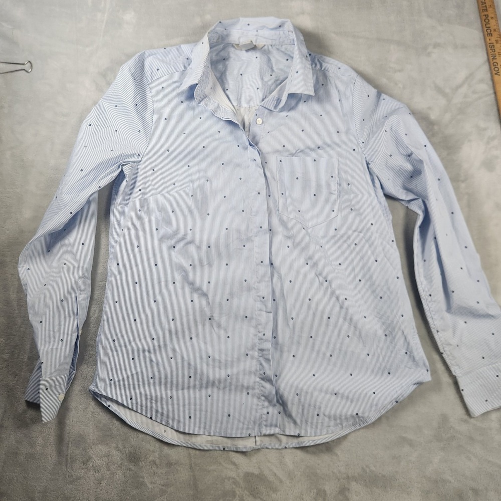 H&M Blue White Striped Floral Cotton Button Up Blouse Collared Long Sleeve Sz 10